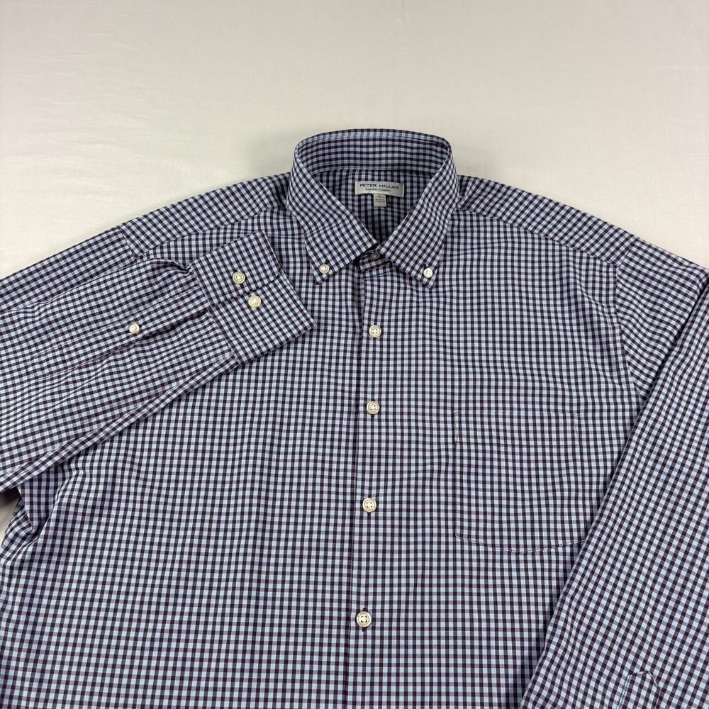 Peter Millar Shirt Mens L Blue Plaid Summer Comfort‎ Button Up Performance Golf